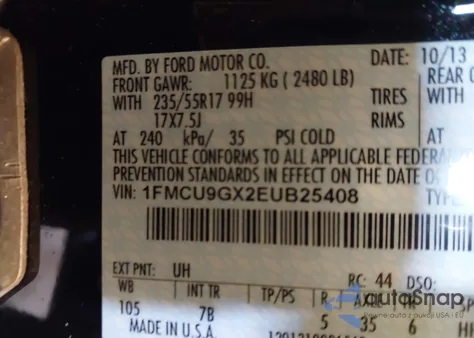 2014 Ford Escape Se из США, поврежденный, VIN 1FMCU9GX2EUB25408